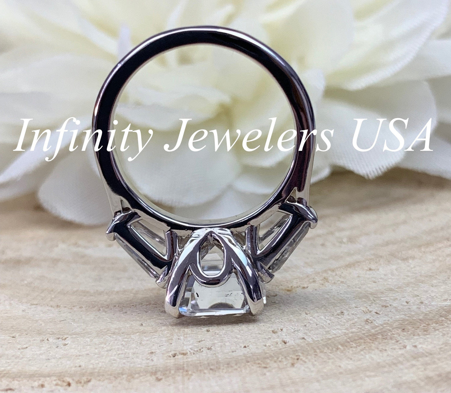 Certified Moissanite Engagement Ring, Emerald Cut Moissanite Wedding Ring, Elongated Trapezoid, 14K White Gold