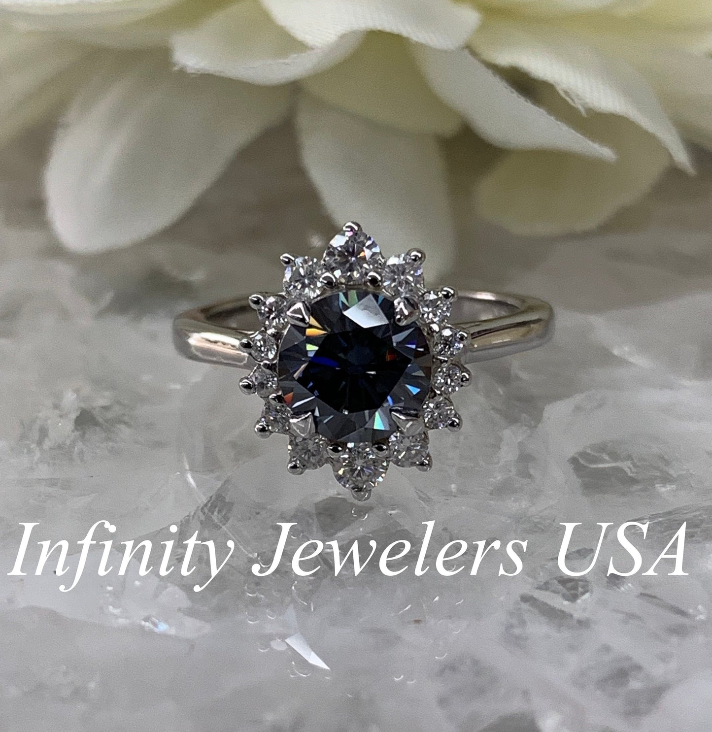 Round Charcoal Grey Moissanite / Moissanite Halo Engagement Ring / Moissanite Ring With Accents / 14K White Gold