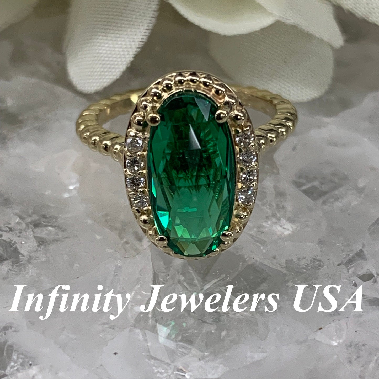 Elongated Checkerboared Oval Ladies Ring / Green Emerald Engagement Ring / Diamond And Emerald Wedding Ring / 14k Yellow Gold