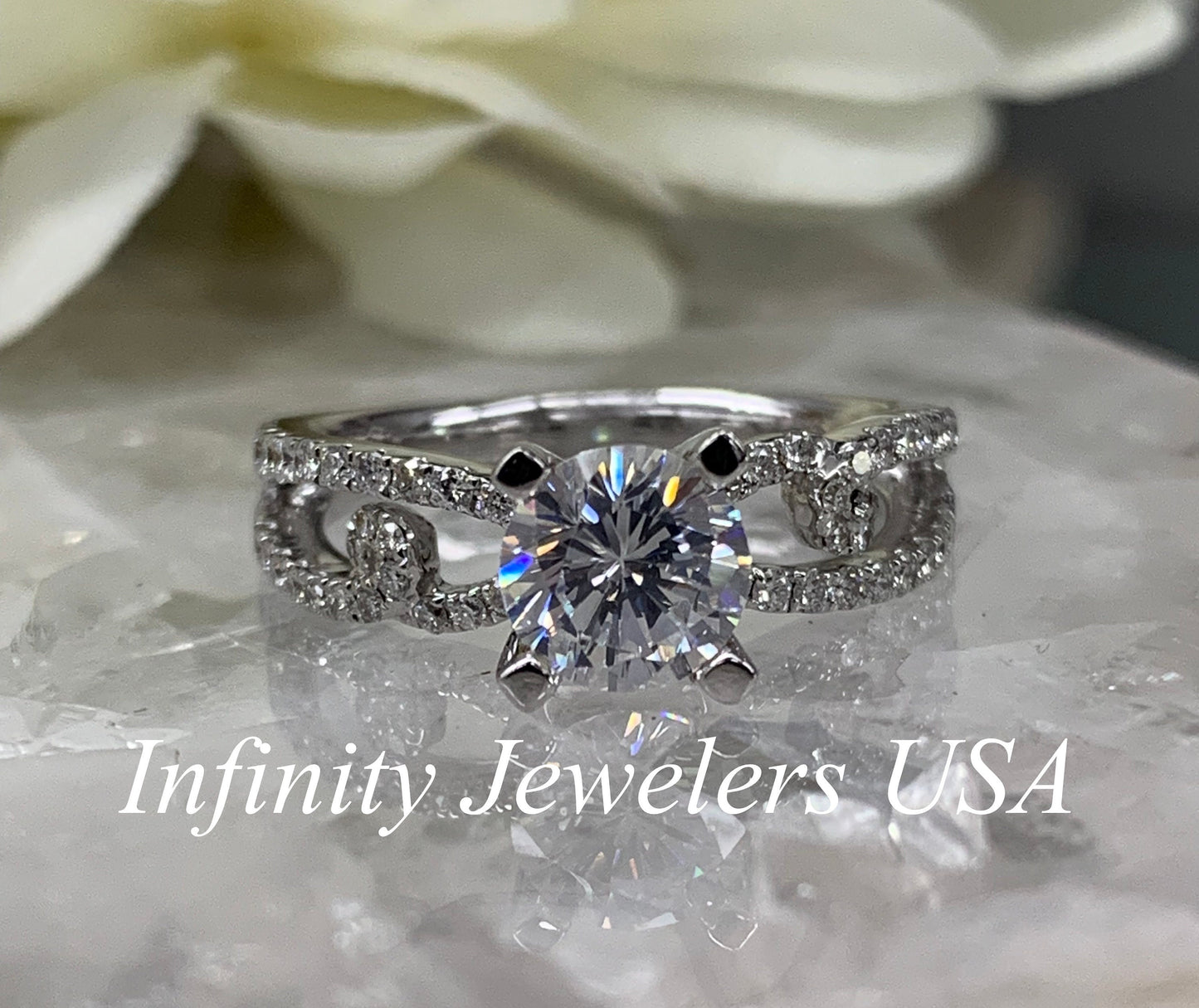 Certified Moissanite Forever One Round Engagement Ring With Diamond Split Shank Band 1.50ctw. 14K White Gold