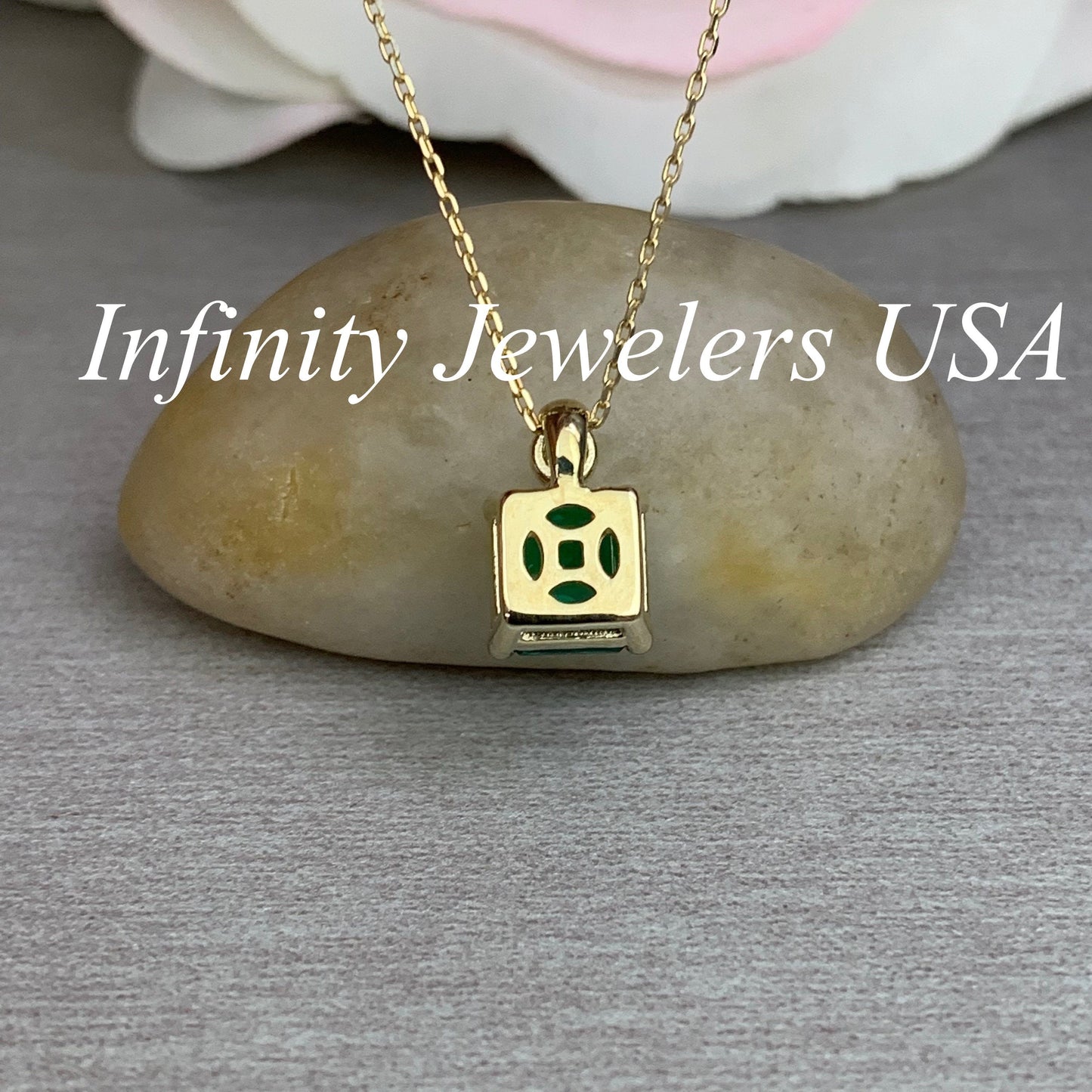 Asscher Cut Green Emerald Pendant Anniversary Gift , Emerald and Diamond Necklace For Ladies, Asscher Cut Emerald 14k Gold Necklace