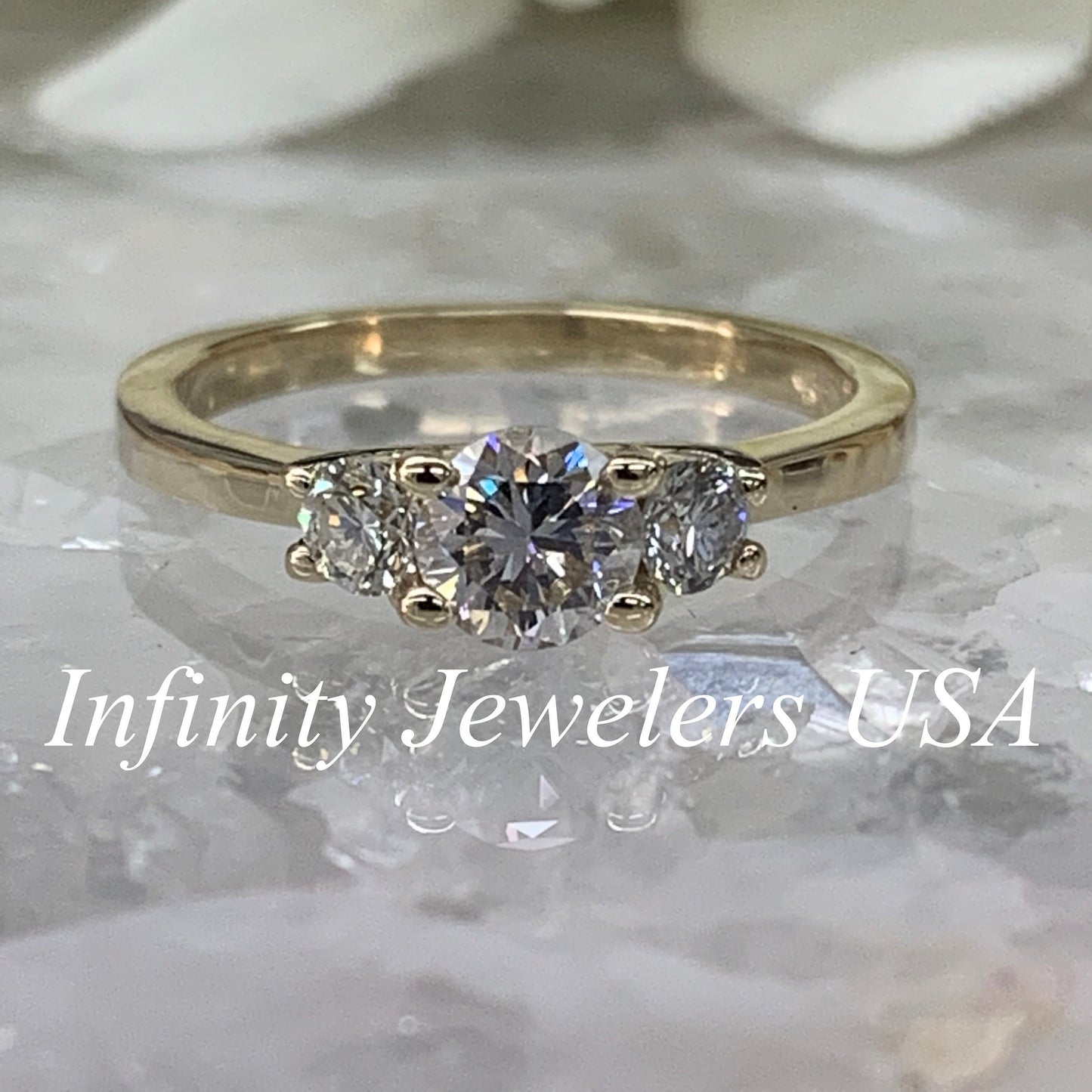 Diamond Three Stone Engagement Ring, Diamond Ladies Wedding Ring, 14K Yellow Gold