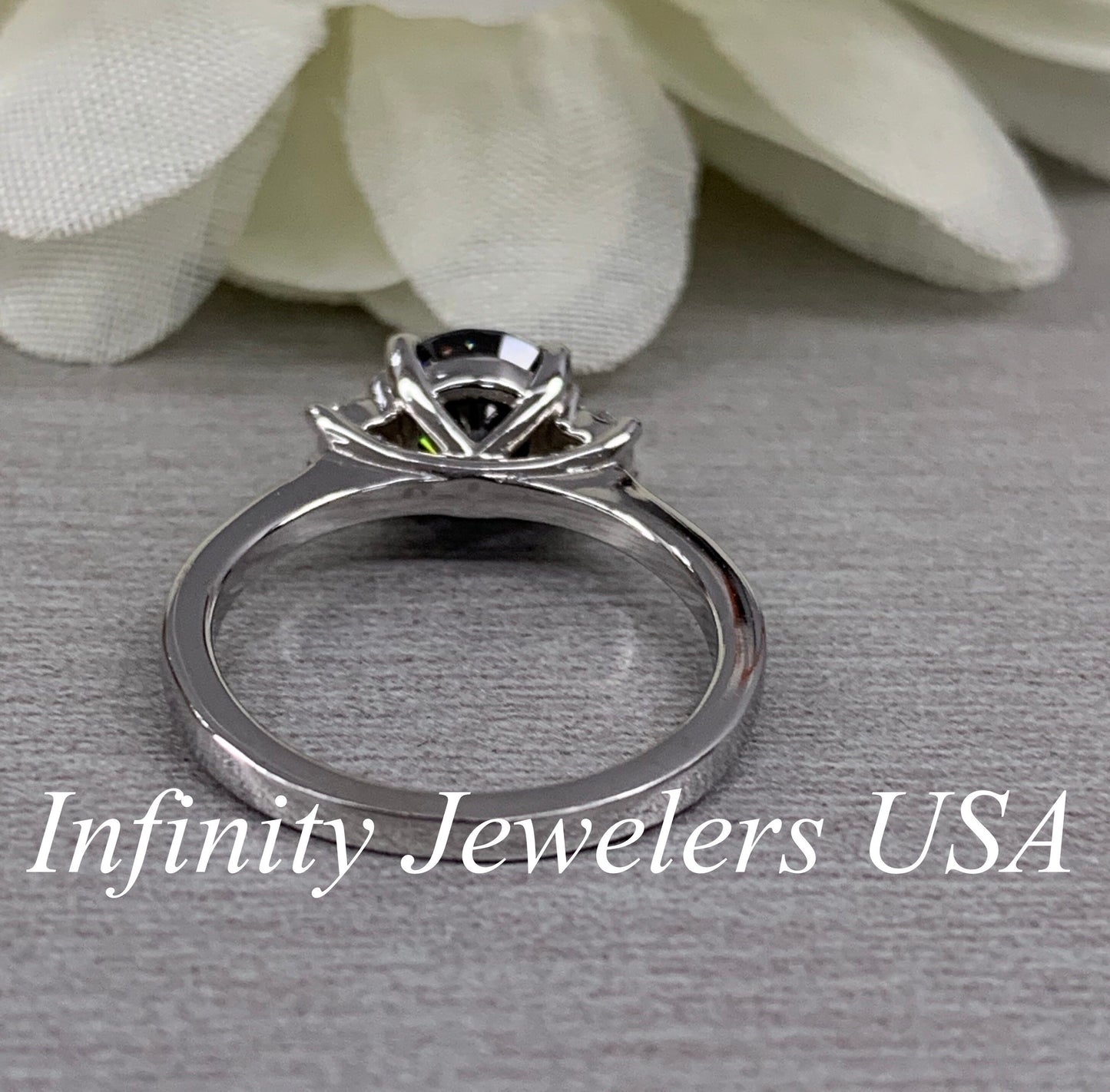 Certified Moissanite Round Charcoal Grey Engagement Ring With Round Accents In 14K White Gold