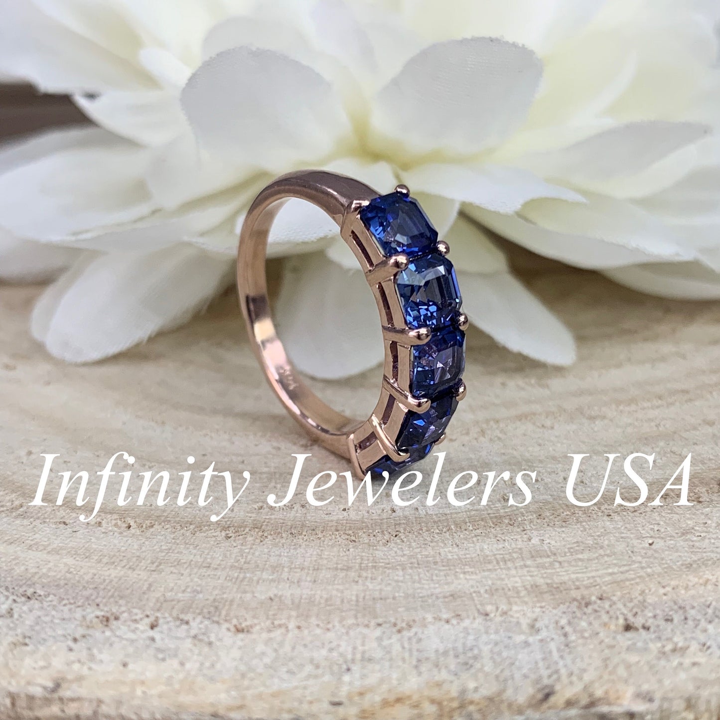 Asscher Cut Sapphire Band / Five Stone Sapphire Anniversary Band / Blue Sapphire Asscher Cut Band / Engagement Gift / 14k Rose Gold