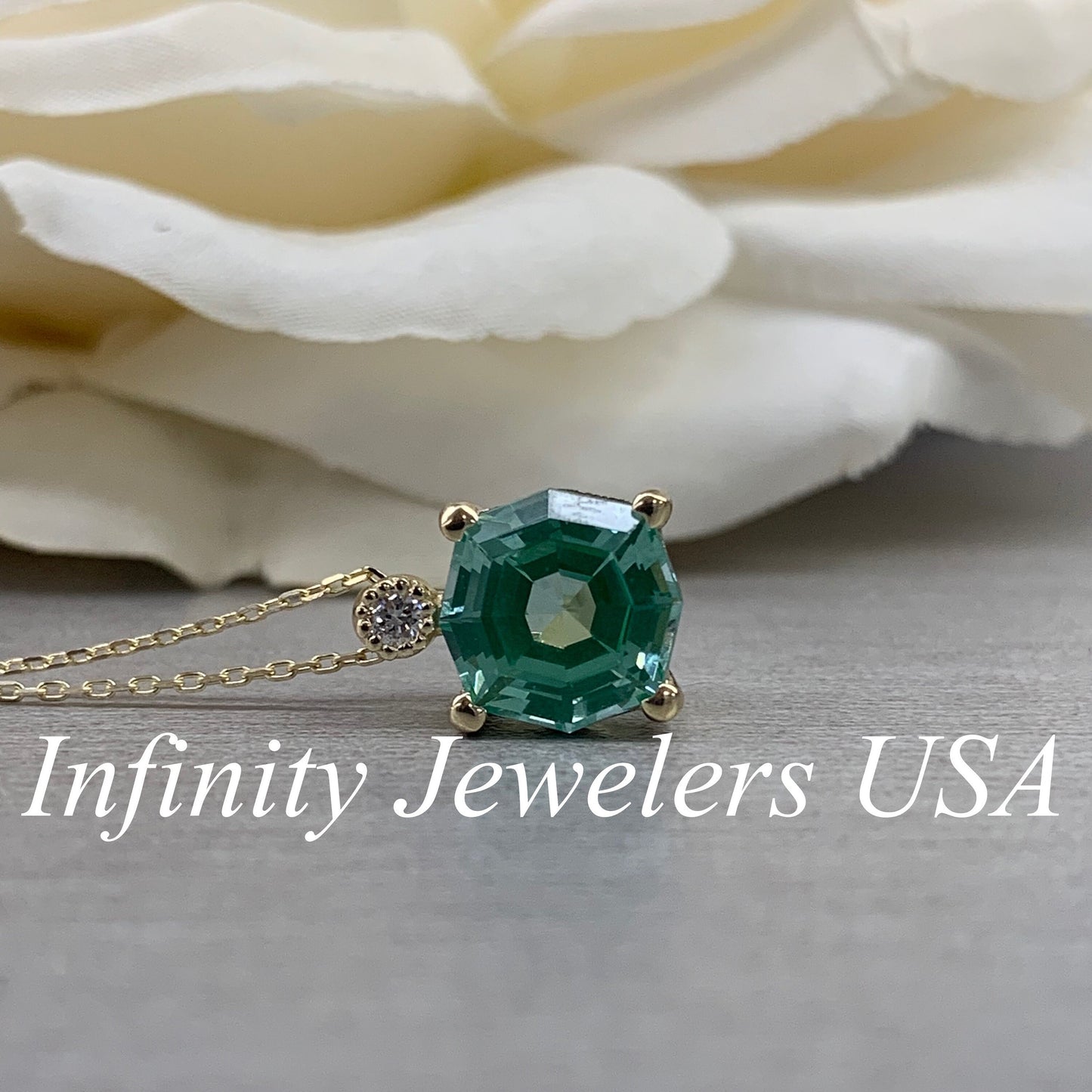 Web Cut Necklace , Green Paraiba Necklace , Round Diamond Accent , Octagon Necklace , 3.30ctw , 18" Cable Chain , 14k Yellow Gold , #6620