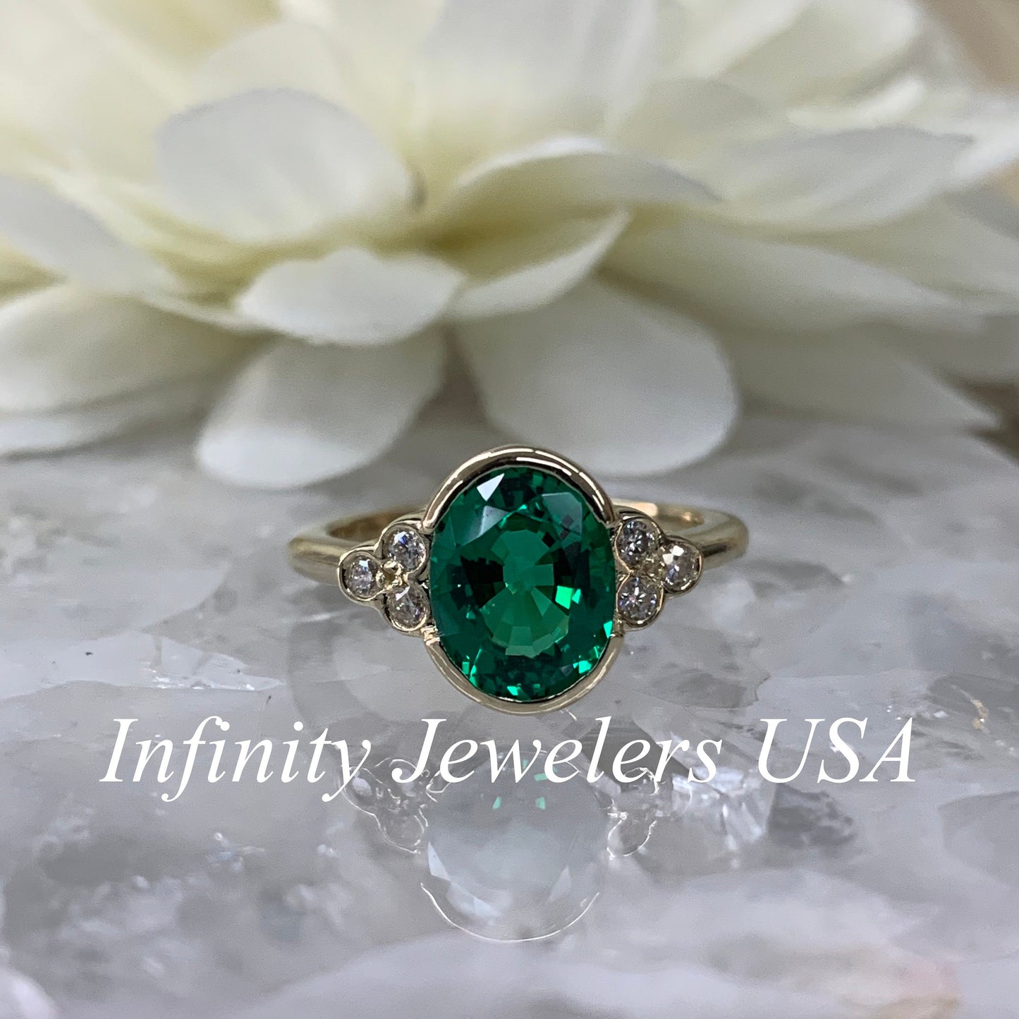 Oval Cut Emerald And Moissanite Engagement Ring, Oval Emerald And Moissanite Bezel Set Ring, Emerald And Diamond Accents Statement Ring 6657