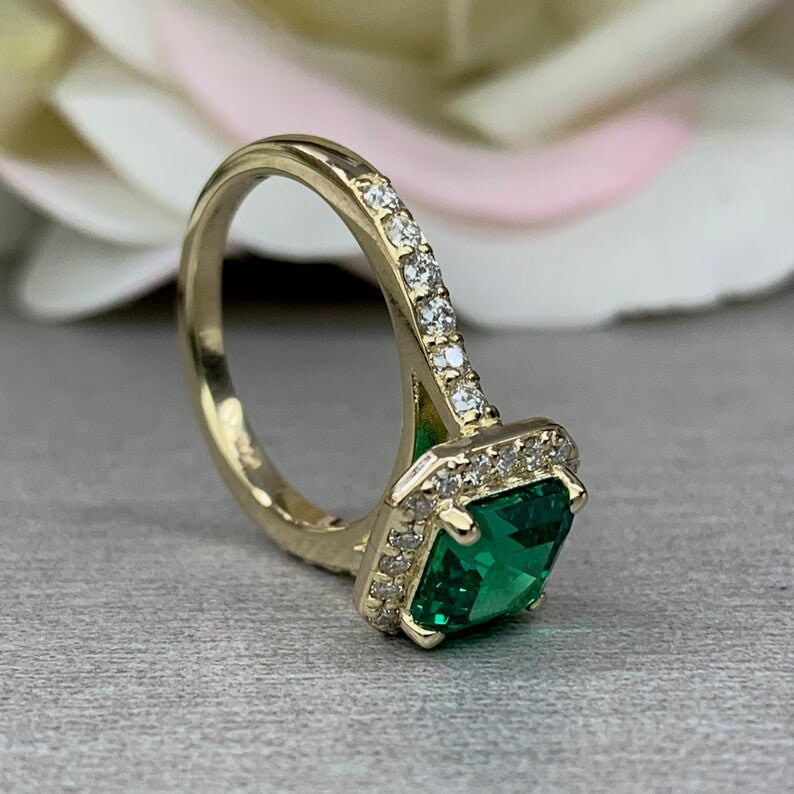 Emerald Engagement Rings For Women 14k Solid Yellow Gold, Asscher Shaped Emerald Engagement Rings, Simple Emerald and Moissanite Ring, #6255