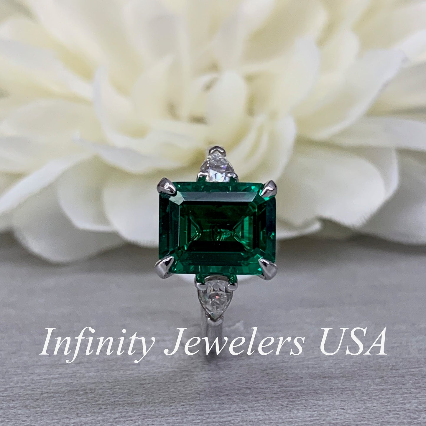 May Birthstone Ring, Emerald Cut Emerald Engagement Ring, Moissanite Ring, Three Stone Ring, Large Cocktail Ring, 14k White Gold Ring, 6722