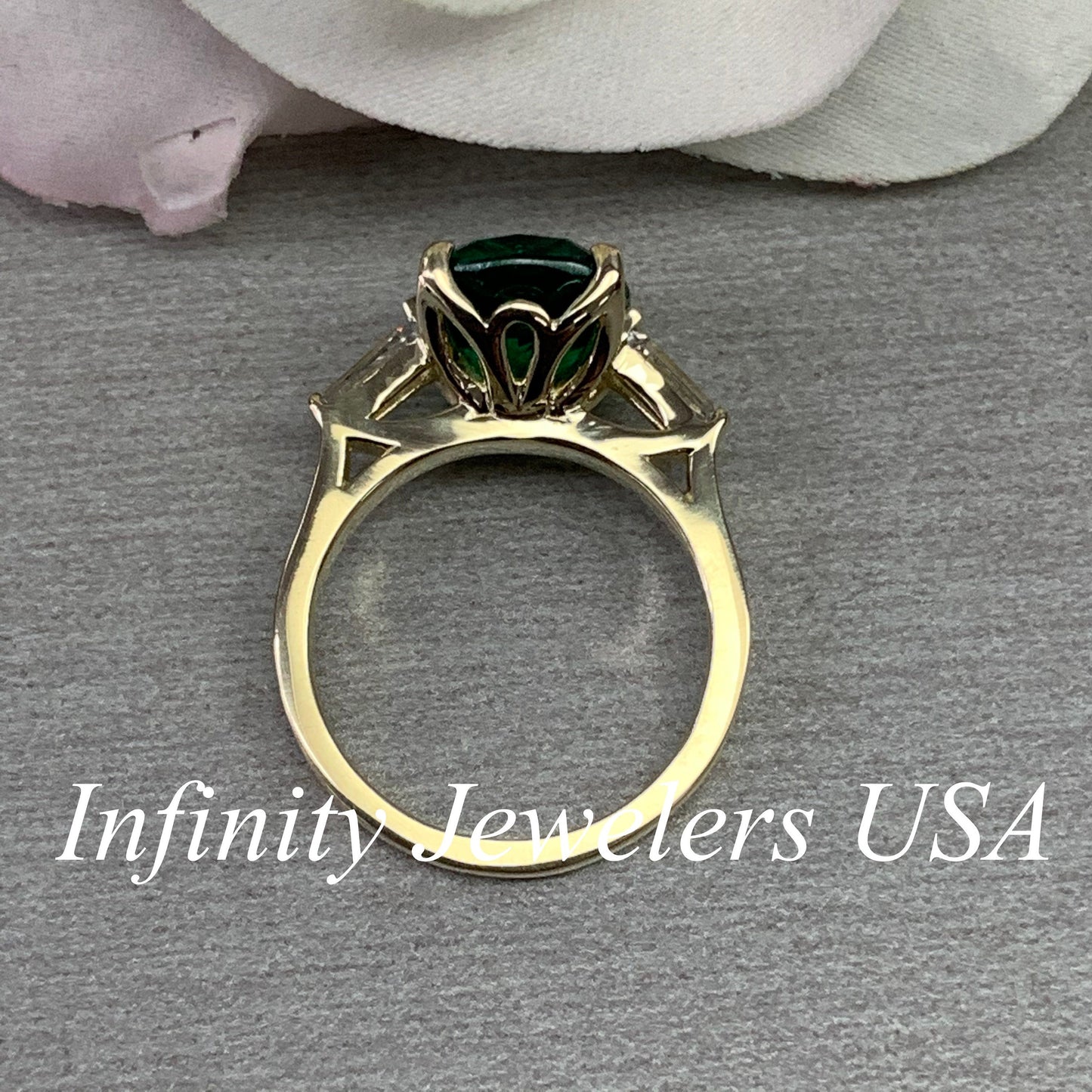 Emerald green cushion cut engagement ring, yellow gold unique elongate green emerald ring, three stone ring emerald and baguette ring #6727