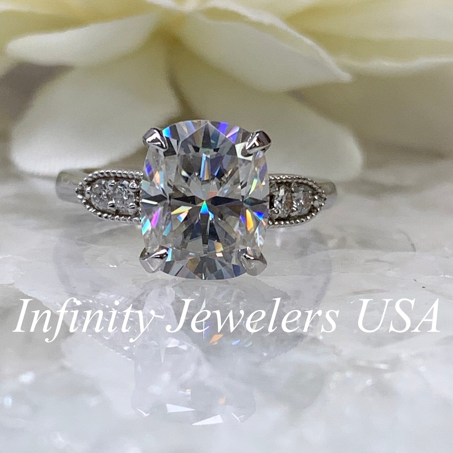 Moissanite Engagement Ring, Elongated Cushion Moissanite And Diamond Ring, Anniversary Gift, Birthday Gift, 14K White Gold #6696