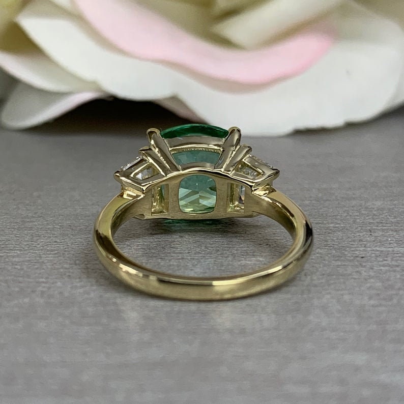 Paraiba Tourmaline Ring, Moissanite Trapezoid Engagement Ring, 14K Gold, Paraiba Tourmaline, Unique Engagement Ring, Three Stone Ring, #6256