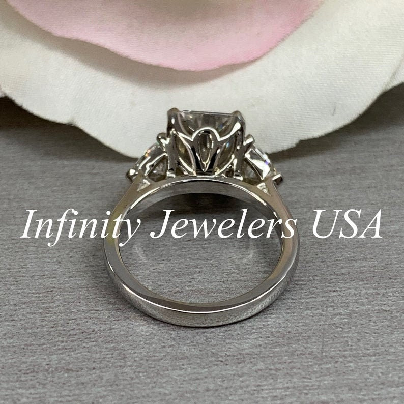 Radiant Cut Moissanite Engagement Ring 14K White or Yellow Gold Three Stone Ring