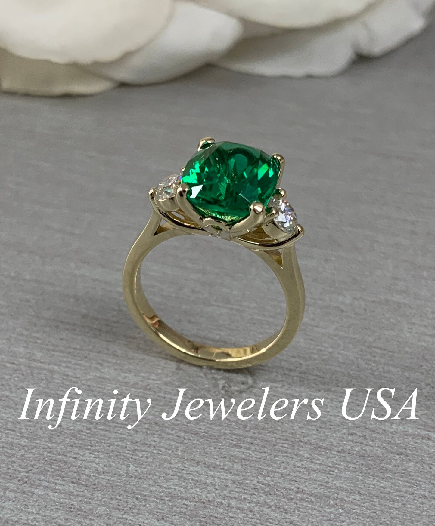 Emerald Engagement Ring, Elongated Cushion Emerald Ring With Moissanite Accents, May Birthstone Ring, Emerald Ring In 14K Yellow Gold #6720