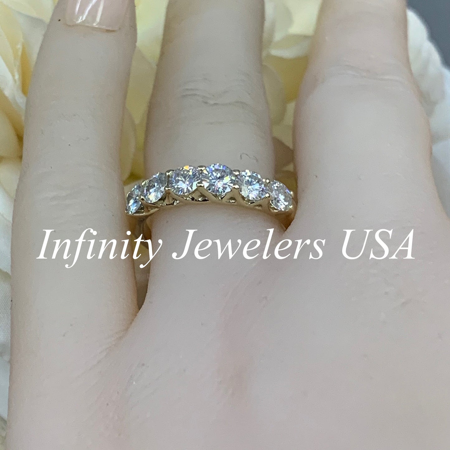 Moissanite wedding ring, six stone round cut band, anniversary ring, 14k yellow gold engagement ring #5552