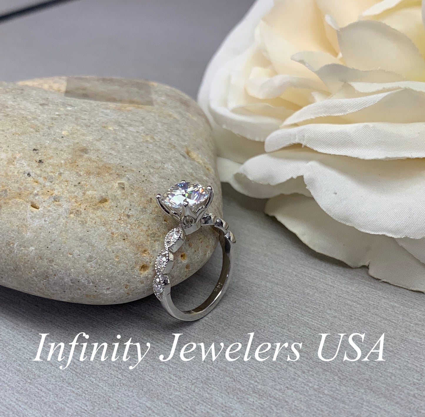 Round Moissanite Engagement Ring, Vintage Style Engagement Ring, Round Brilliant Engagement Ring, Wedding Ring, 14K White Gold #6890 #6891