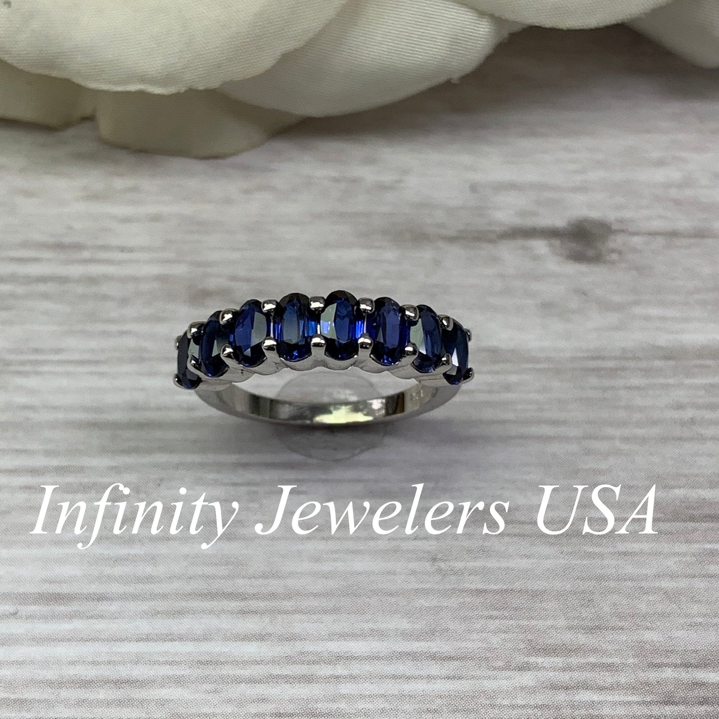 Oval Sapphire Wedding Band, Stackable Band, Oval Sapphire Ring, Anniversary Band, September Birthstone Ring, 14K White Gold #6924