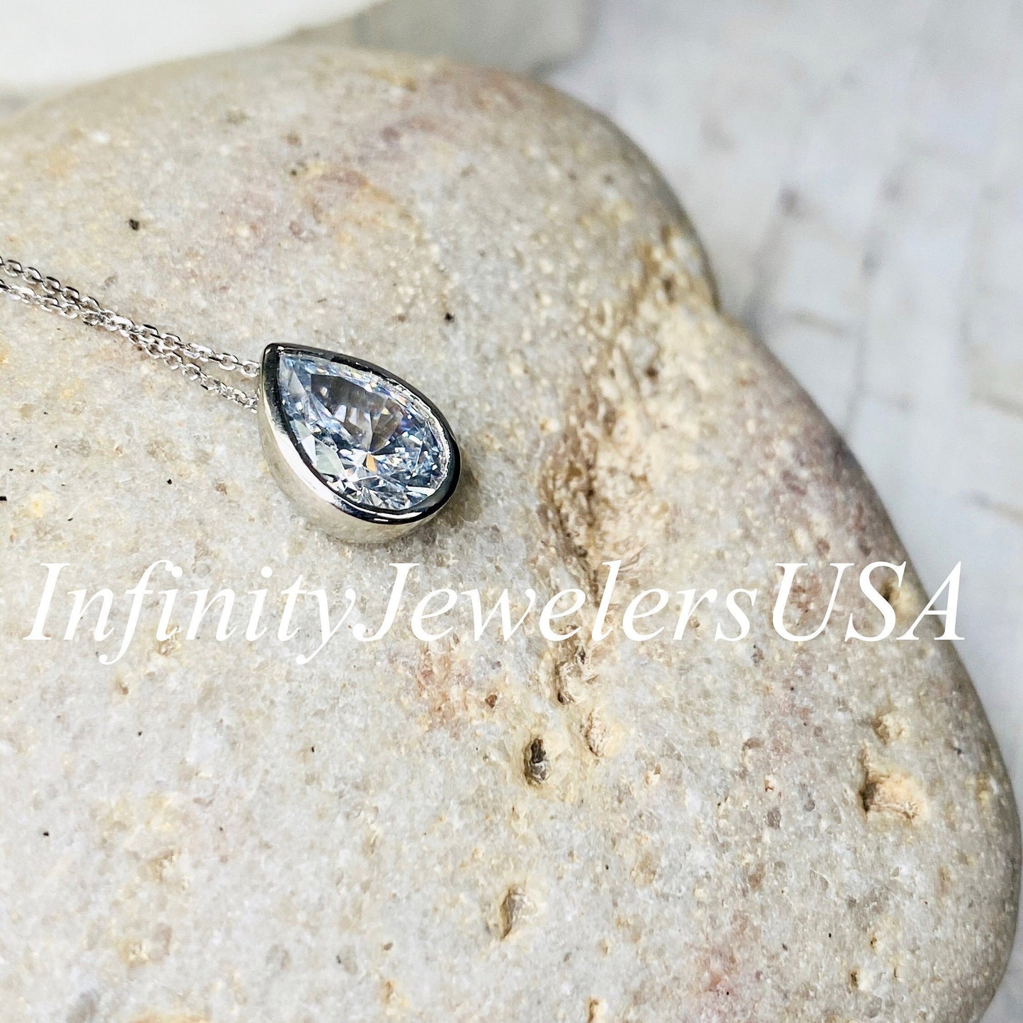 Moissanite Pear Shape Bezel Pendant Necklace 14k White Gold, Bridal Necklace for Her, Simple Pendant Chain, TearDrop Pendant Necklace, #7271