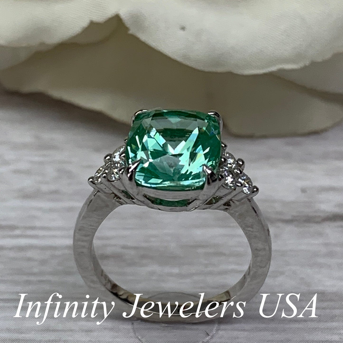 Elongated Cushion Engagement Ring, Green Stone Ladies Ring, Green Paraiba Ring, 14K White Gold #6899