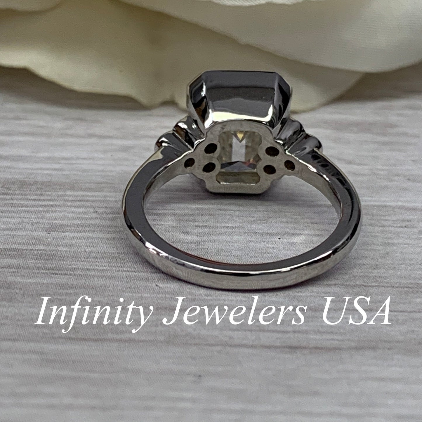 Moissanite Emerald Cut Engagement Ring, Bezel Set Engagement Ring, 14K White Gold Ring #6973 #6972