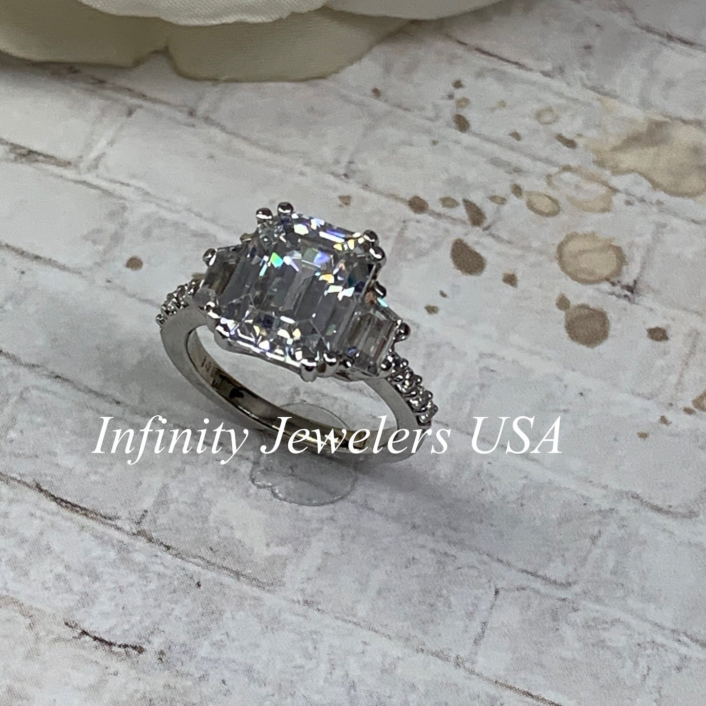 Certified Moissanite Engagement Ring, Emerald Cut Moissanite Wedding Ring, Moissanite Trapezoid Ring, 14K White Gold