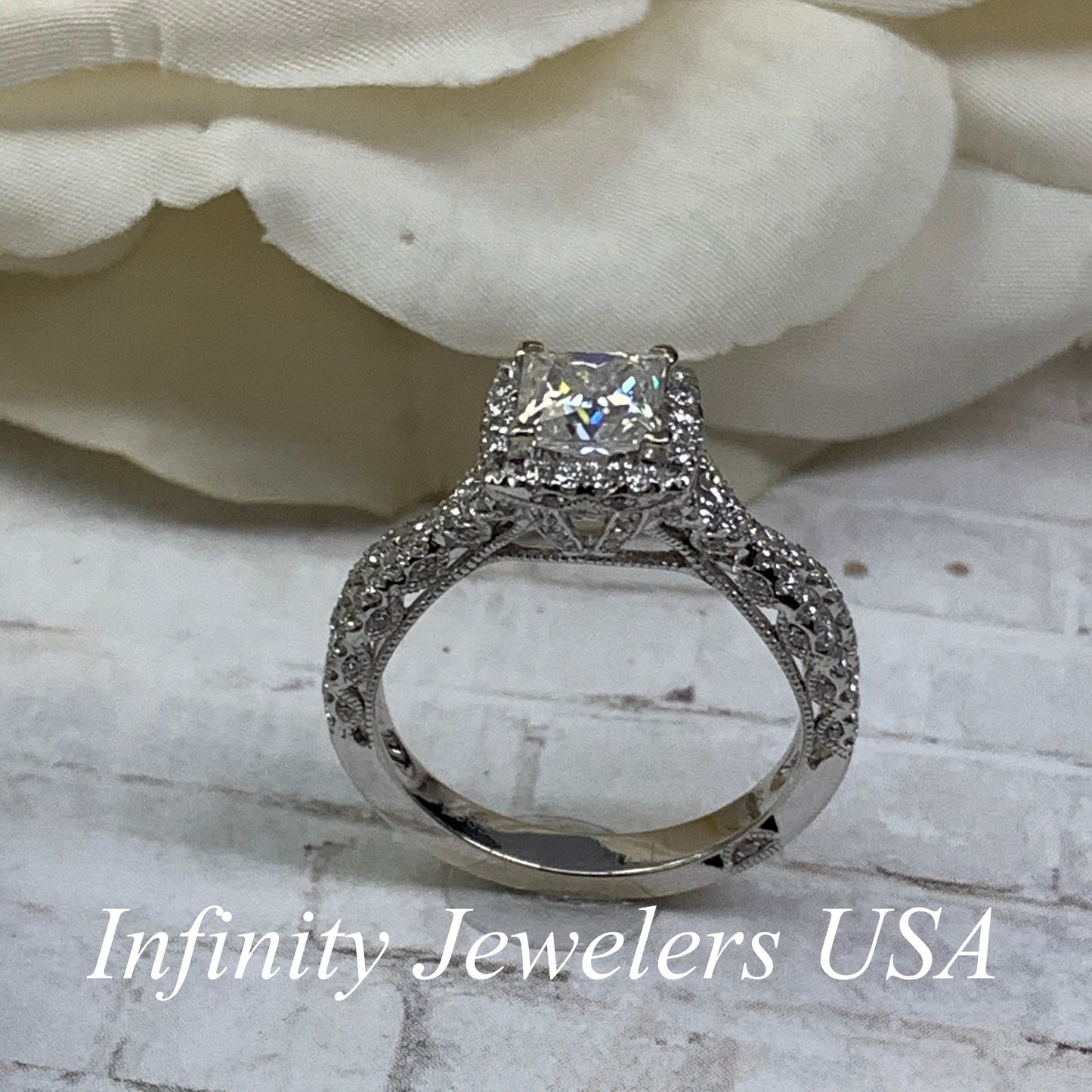 Moissanite Princess Cut Engagement Ring 14k Solid White Gold, Diamond Infinity Band, Vintage Moissanite And Diamond Halo Wedding Ring #6997