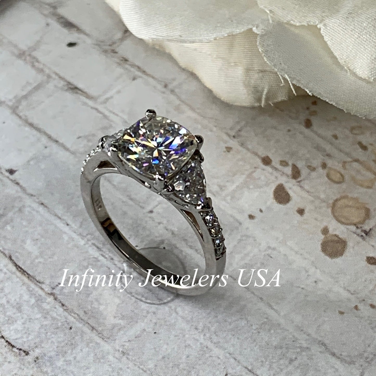 Moissanite Engagement Rings Cushion Cut 14k White Gold, #5253 Three Stone Moissanite Diamond Ring For Women, Vintage Unique Engagement Ring