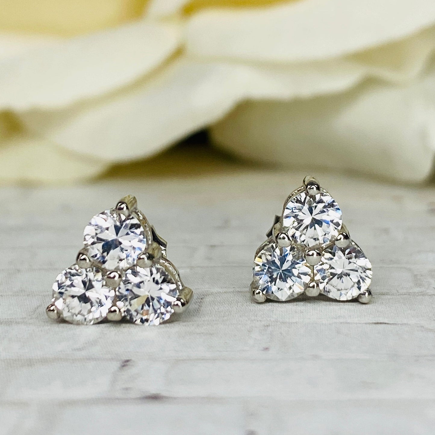 Triangle Moissanite earrings 14K White Gold, Gold Earrings Triangle Gem, Three Stone Stud Earrings, Triangle Stud Earrings, #5662