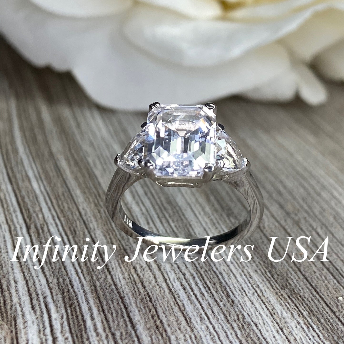 Emerald Cut Moissanite Engagement Ring, Three Stone Moissanite Ring, Moissaite Wedding Ring, Anniversary Ring, 14k Gold Ring, #5649