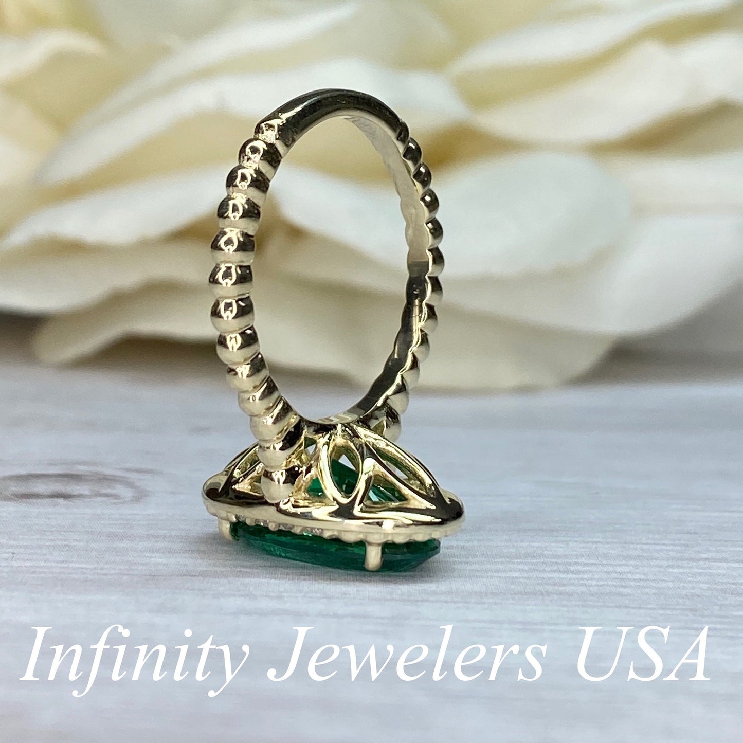 Elongated Oval Ladies Ring / Green Emerald Engagement Ring / Diamond And Emerald Wedding Ring / Anniversary Gift / 14k Yellow Gold / #6159