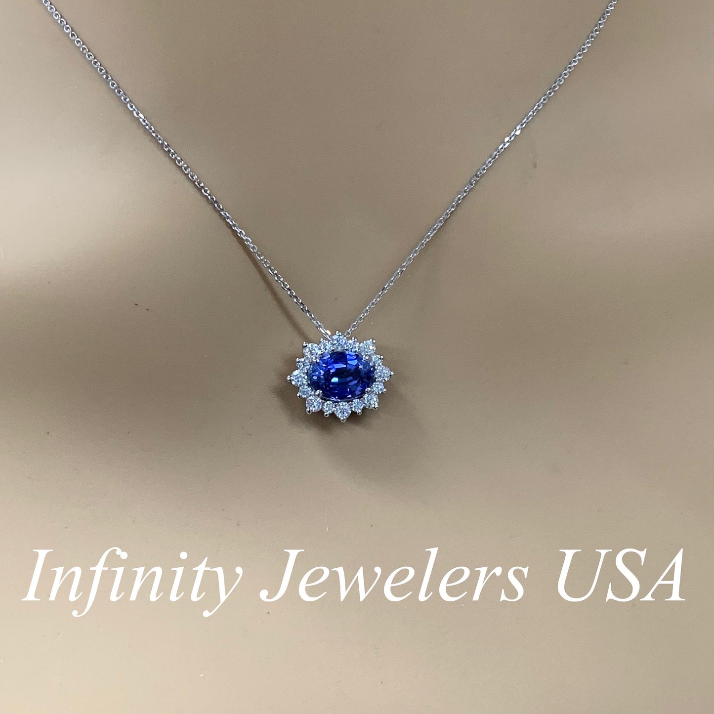 Oval Blue Sapphire Pendant, Moissanite Halo, Sapphire and Moissanite Necklace, Ladies Necklace, Engagement Gift, 14k White Gold, #6644