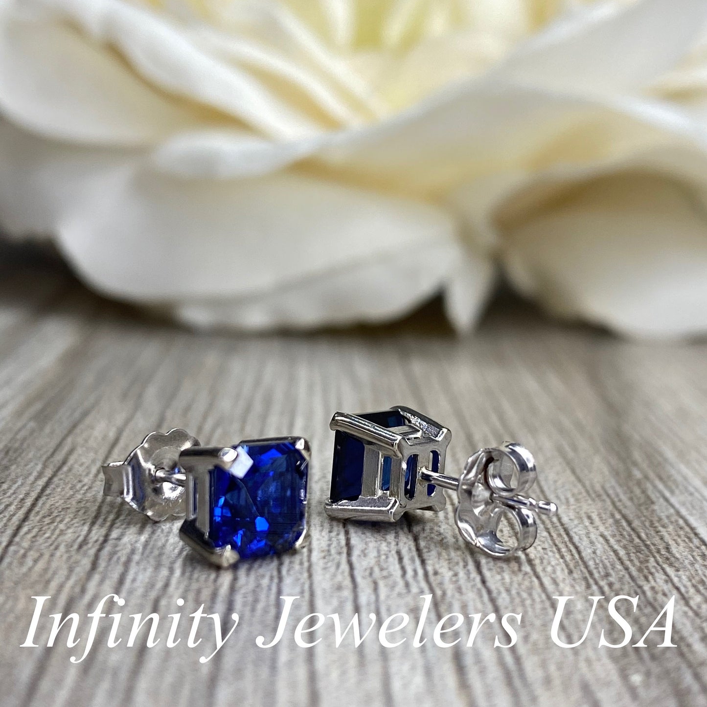 Asscher cut blue sapphire earrings, 2.00ctw screw back earrings 14k white gold