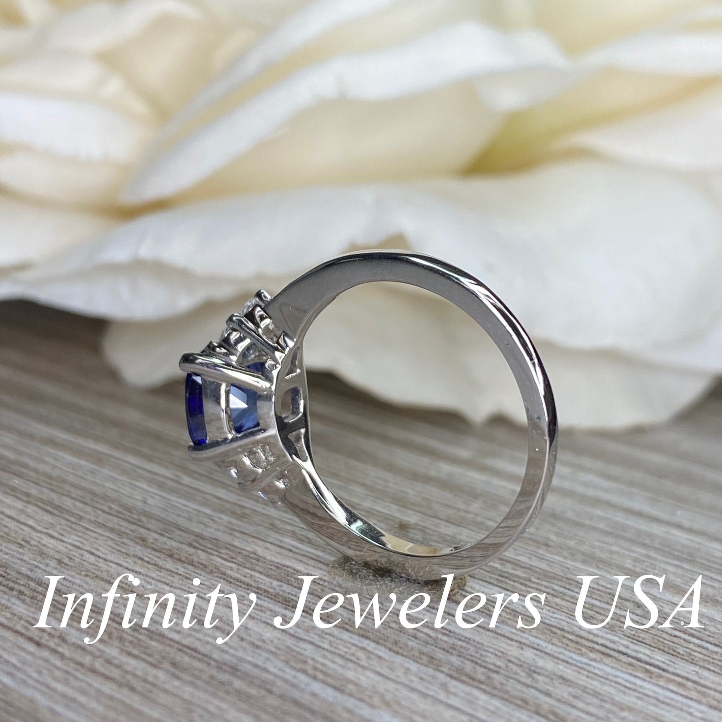 Cushion Cut Blue Sapphire Engagement Ring, 14k Gold Sapphire Cushion and Round Moissanite Cluster Ring, Cushion And Round Wedding Ring #7092