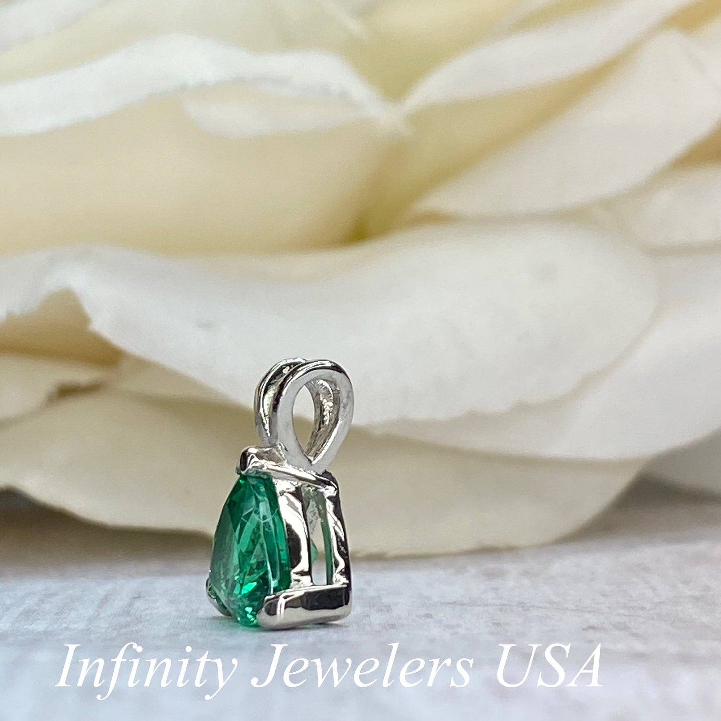 Emerald Trillion Shape Pendant Necklace For Ladies, 14k White Gold Dainty Layering Necklace, Triangle Shape May Birthstone Pendant. #6074
