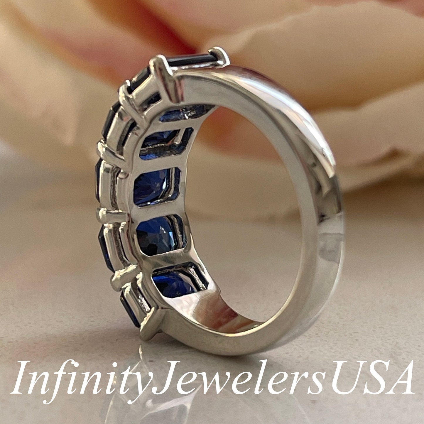 Blue Sapphire Wedding Band Radiant Cut 5 Stone Wide Gold Band 14K White Gold, Ladies Sapphire Wedding Ring, September Birthstone Ring