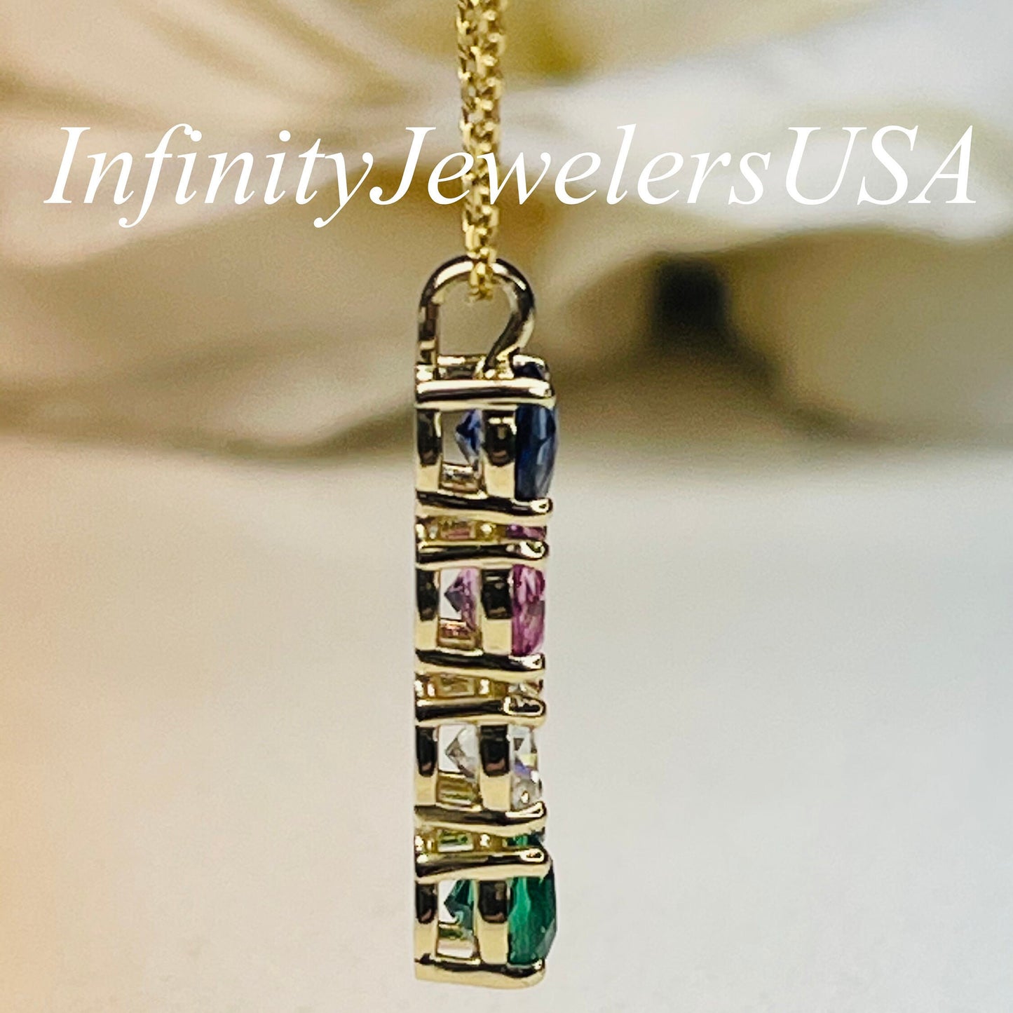 Mama Necklace Four Stone Birthstone Pendant Necklace 14K Yellow Gold, Birthstone Necklace for Mom, Bar Necklace Multi Stone Pendant #7112