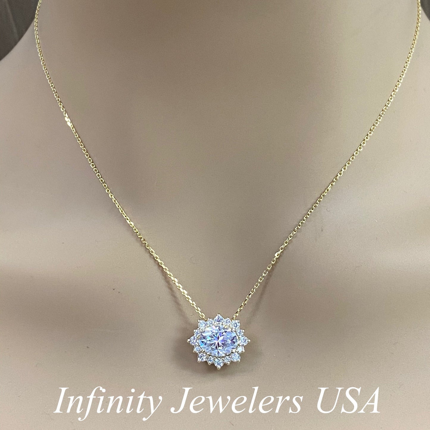 Oval Cut Moissanite Halo Pendant, 14k Gold Moissanite Halo Necklace For Her #7127, Oval Shaped Moissanite With Halo Pendant April Birthstone