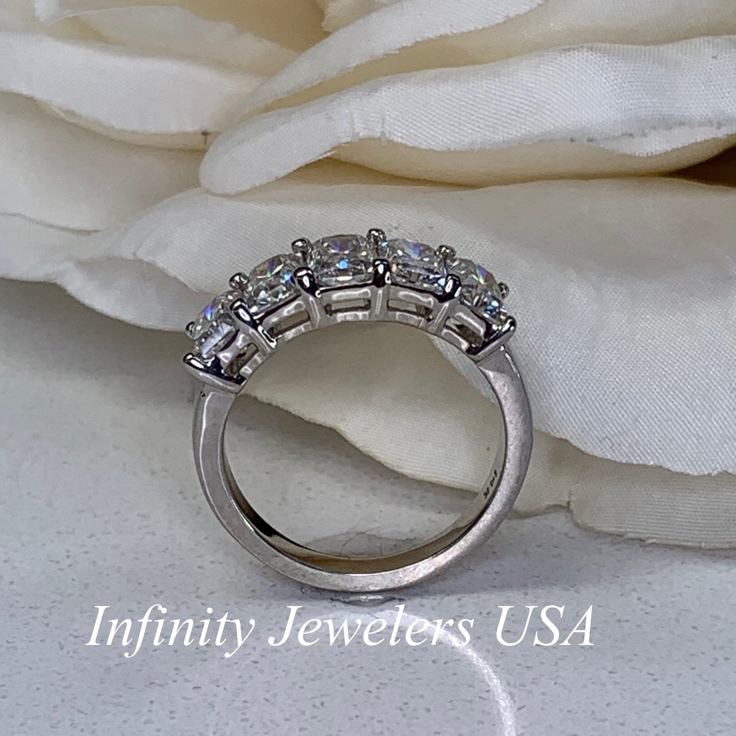 Radiant Cut Moissanite Wedding Band, Five Stone Radiant Cut Moissanite Anniversary Ring For Her, 14k White Gold Moissanite Ladies Band #7101