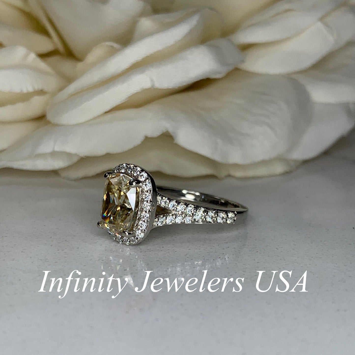 Cushion Cut Yellow Moissanite Halo Engagement Ring, 14k White Gold Elongated Cushion Cut Moissanite Wedding Ring, Moissanite Halo Ring #7133