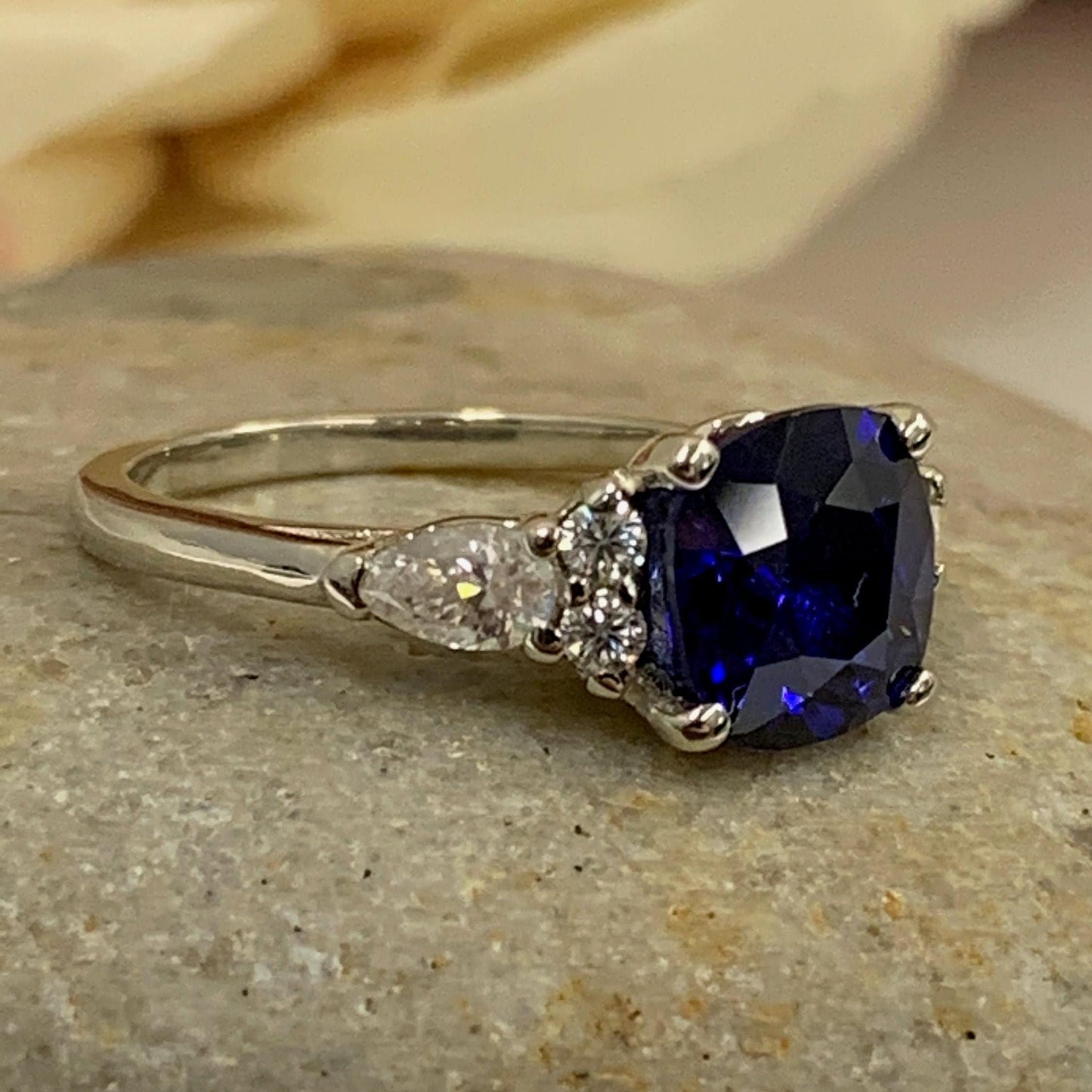 Cushion Cut Blue Sapphire Engagement Ring 14K White Gold, Blue Sapphire Ring For Women Solid White Gold, Sapphire and Moissanite Ring, #7157