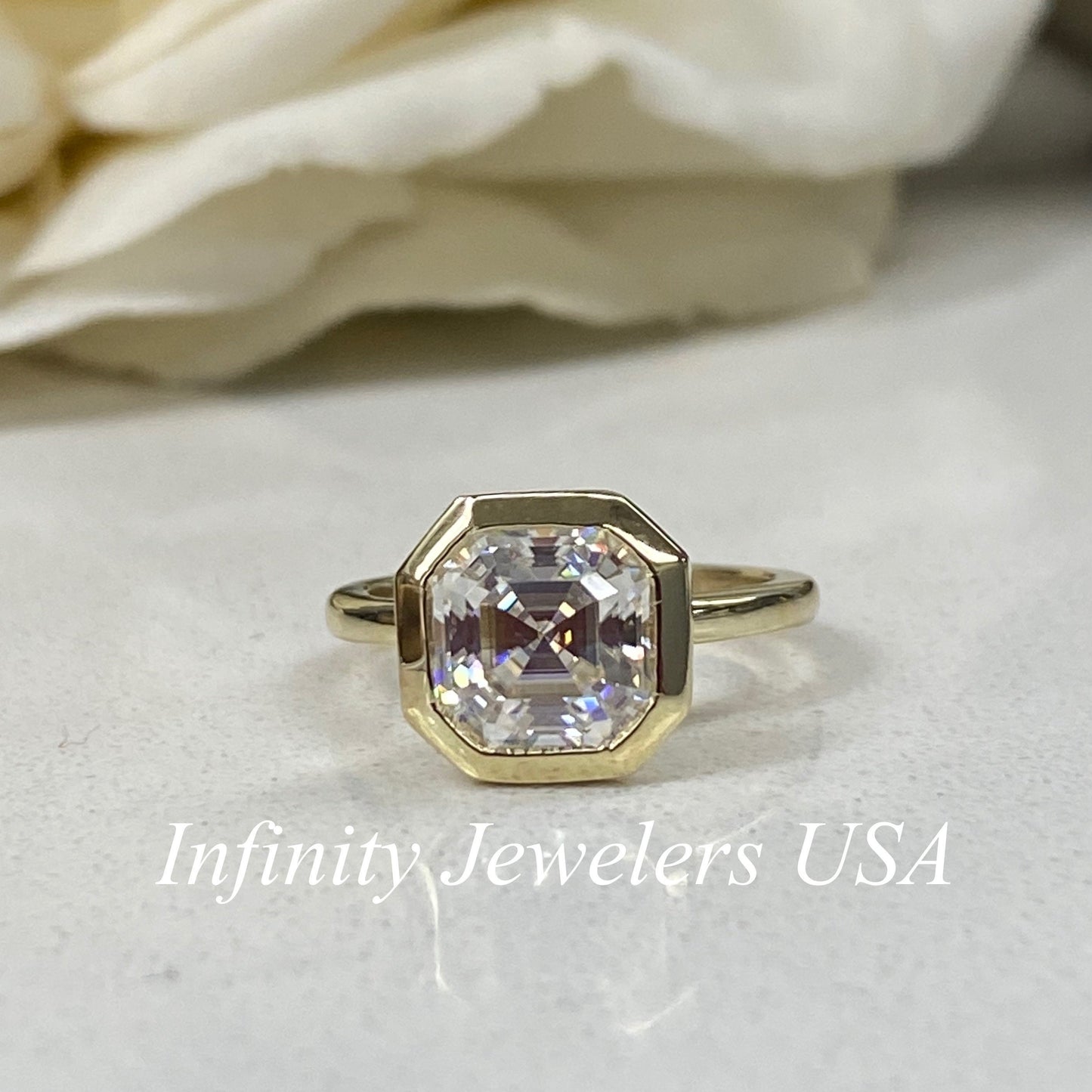 Moissanite Asscher Cut Solitaire Engagement Ring, Asscher Moissanite Bezel Set Wedding Ring, 14k Yellow Gold Solitaire Moissanite Ring #5429