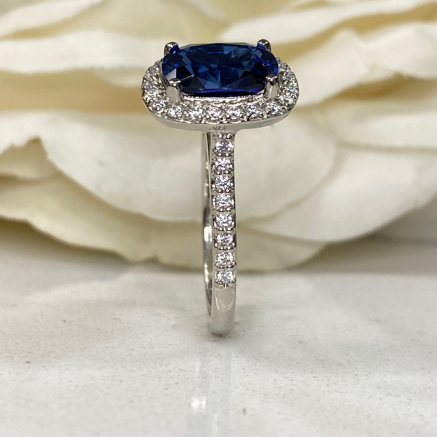 Elongated Cushion Blue Sapphire And Diamond Engagement Ring, Sapphire And Moissanite Wedding Ring, 14K Gold September Birthstone Ring #6813
