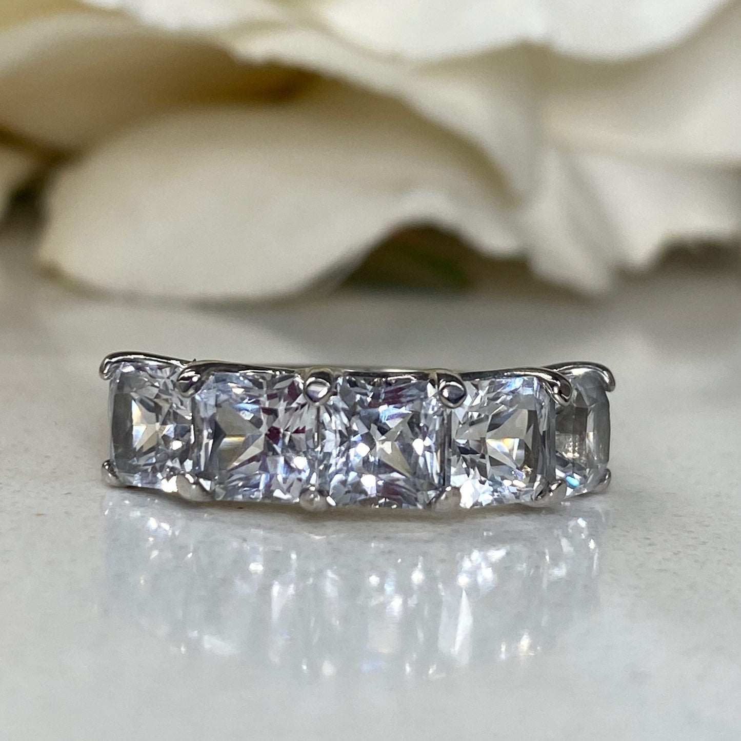 Moissanite Wedding Band For Women , #6043 14k Solid Gold Radiant Cut Moissanite Engagement Ring , Moissanite Anniversary Band 5 Stone Ring