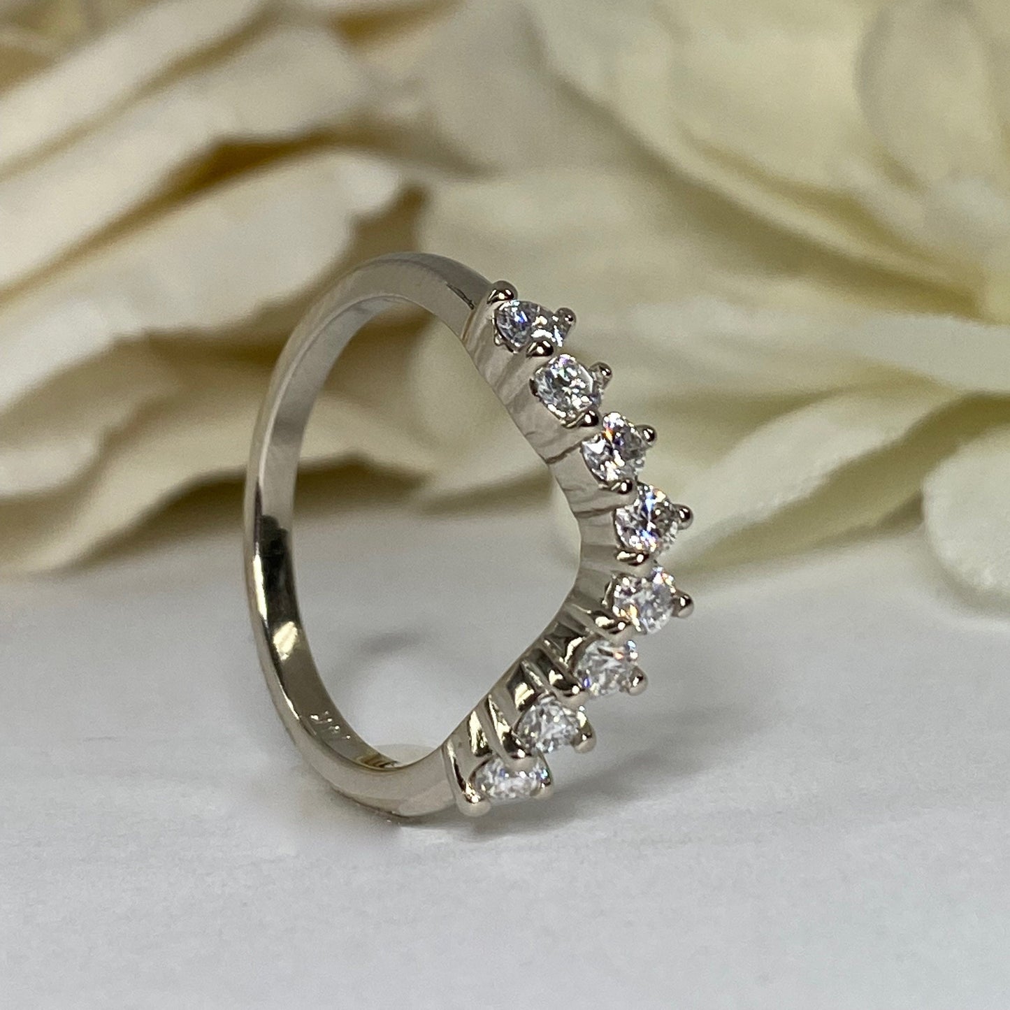 Curved Diamond Wedding Band, Universal Matching Moissanite Band For Ladies, Ladies 14k White Gold Delicate Diamond Curved Wedding Ring