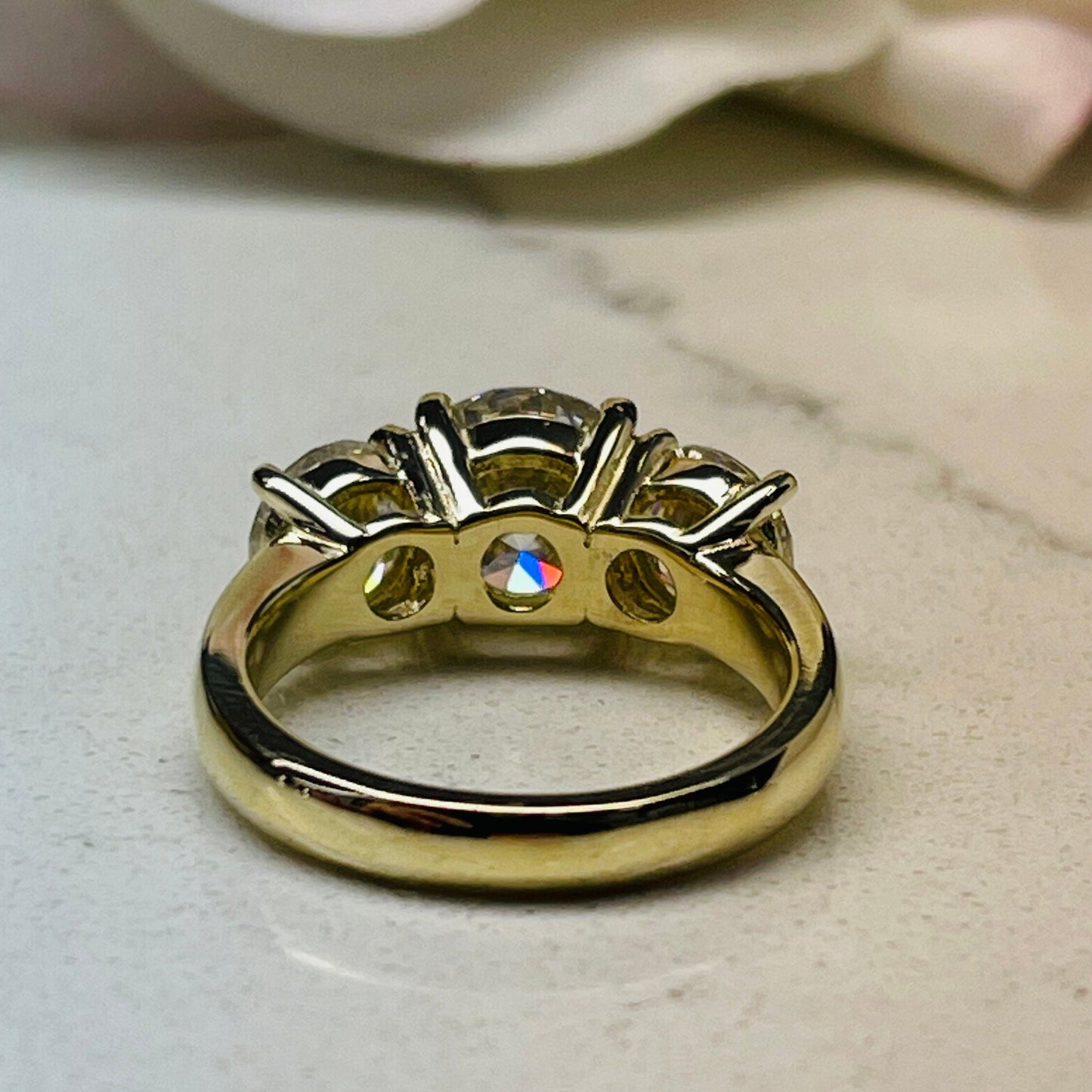 Round Moissanite Engagement Rings For Women 14k Solid Yellow Gold, Moissanite Bridal Rings, Three Stone Moissanite Engagement Ring #7189