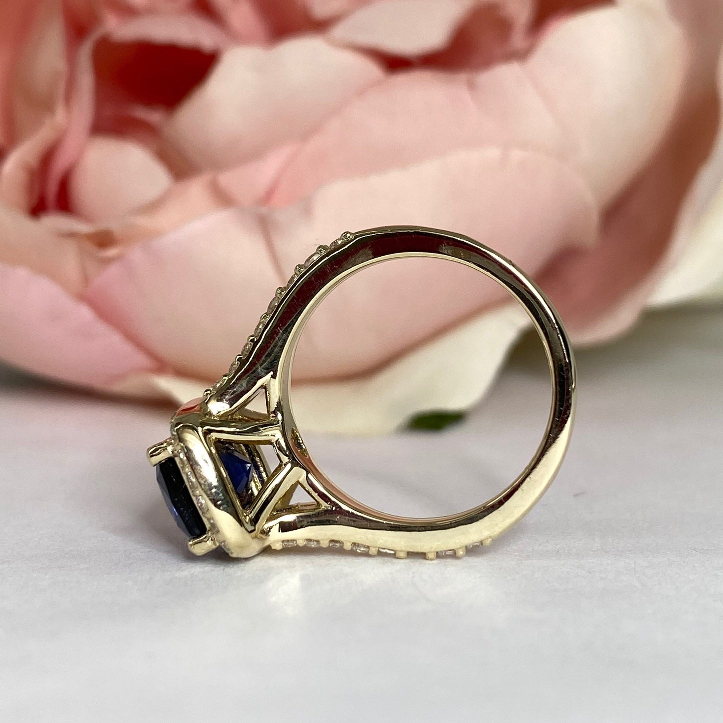 Elongated Cushion Blue Sapphire Engagement Ring With Diamond Halo, Moissanite Split Shank Band Setting In 14K White Gold # 6957 #5479