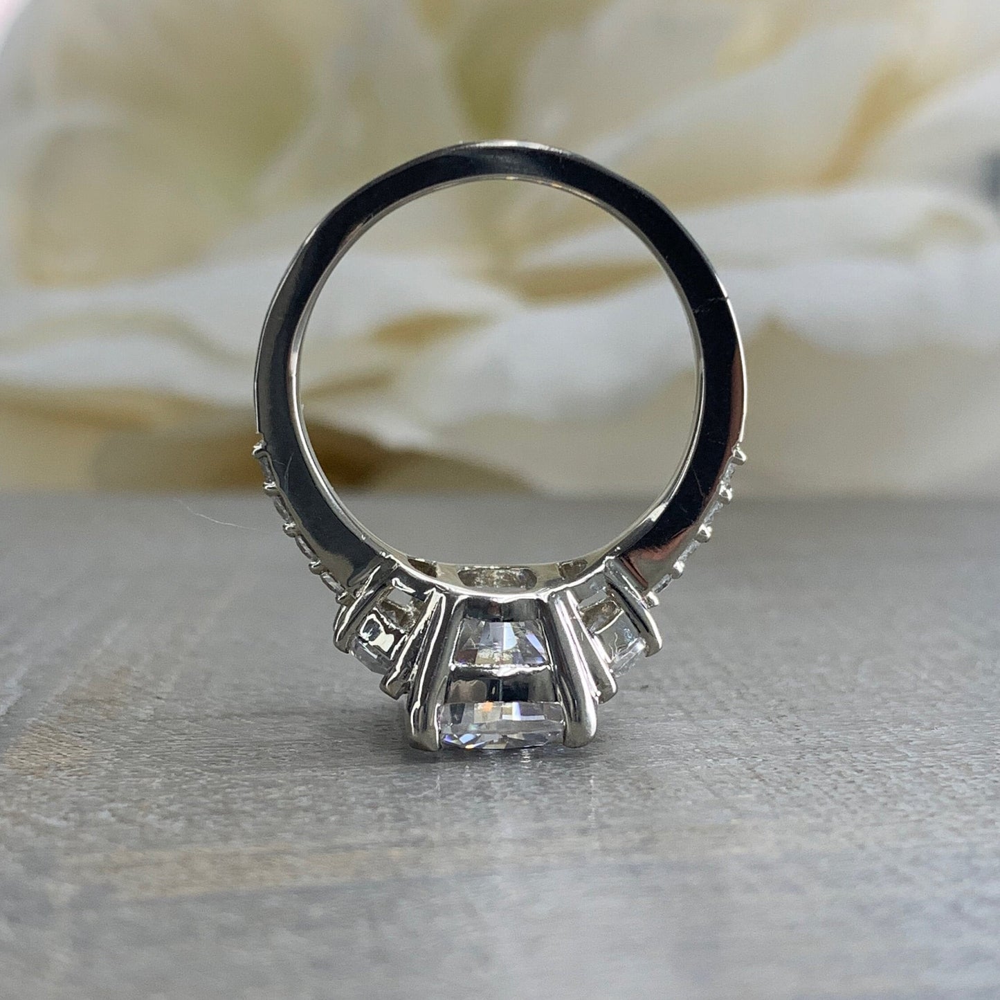 Elongated Cushion Cut Moissanite Engagement Ring 14K White Gold, Forever One Moissanite Engagement Rings For Women, Three Stone Rings, #7200