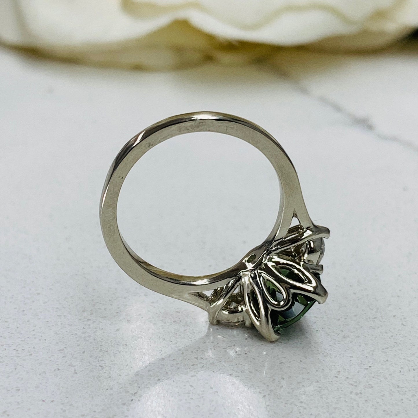 Cushion Cut Olive Green Sapphire Engagement Rings For Women 14K Solid White Gold, Unique Forest Green Sapphire Engagement Rings Gold, #7199