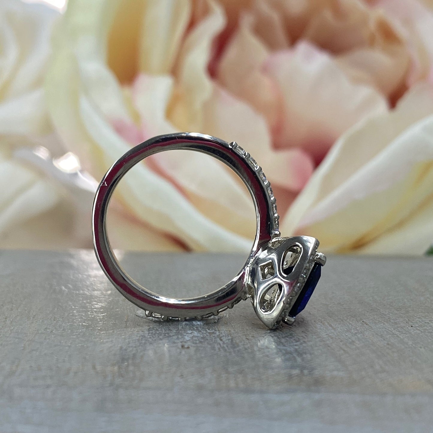 Triangle Gemstone Ring Setting, Trillion Cut Blue Sapphire Engagement Ring Women, Unique Vintage Halo Engagement Rings 14K Solid Gold, #7203