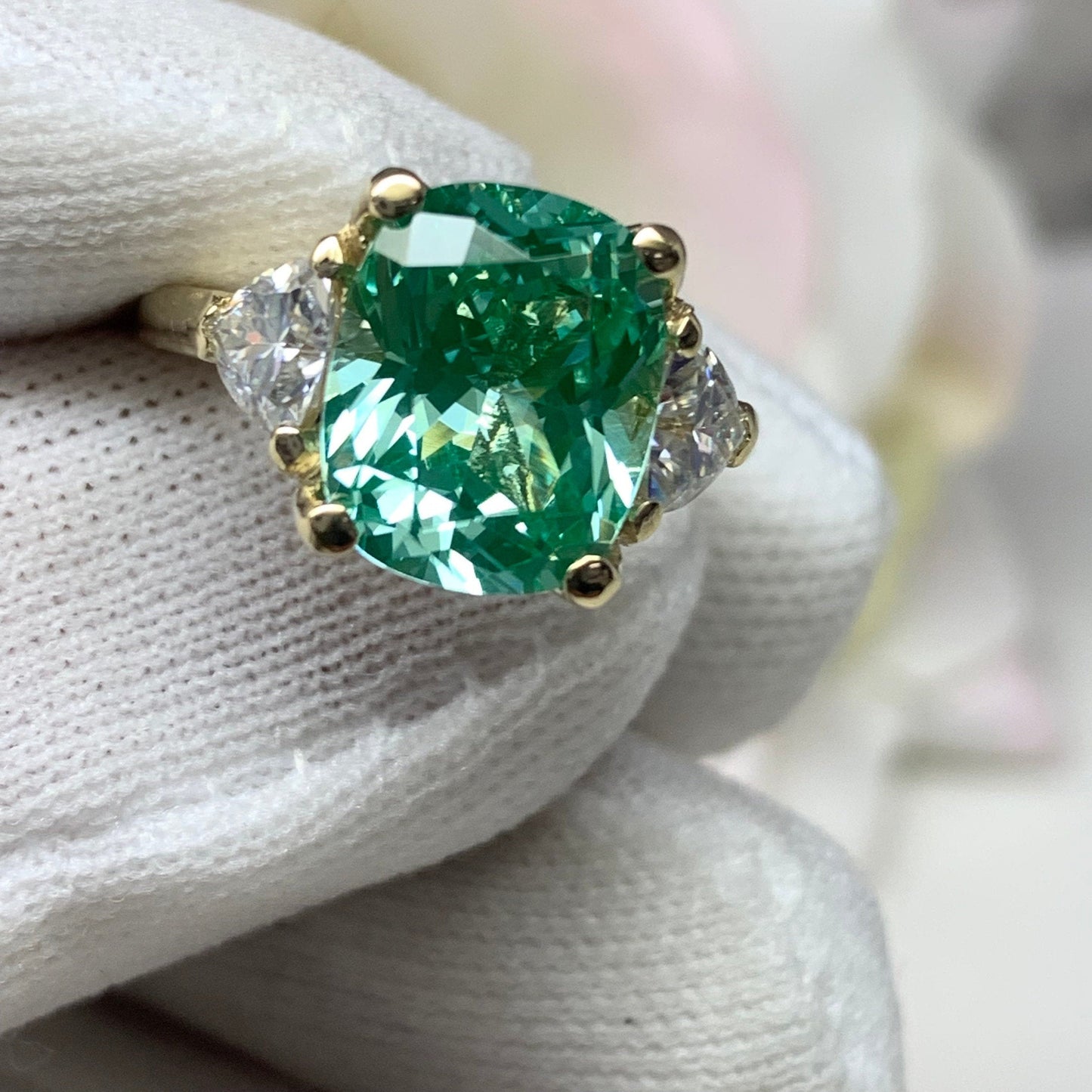 Elongated Cushion Cut Engagement Ring For Women 14K solid Yellow Gold, Green Paraiba Tourmaline Engagement Rings, Unique Vintage Rings, 7187