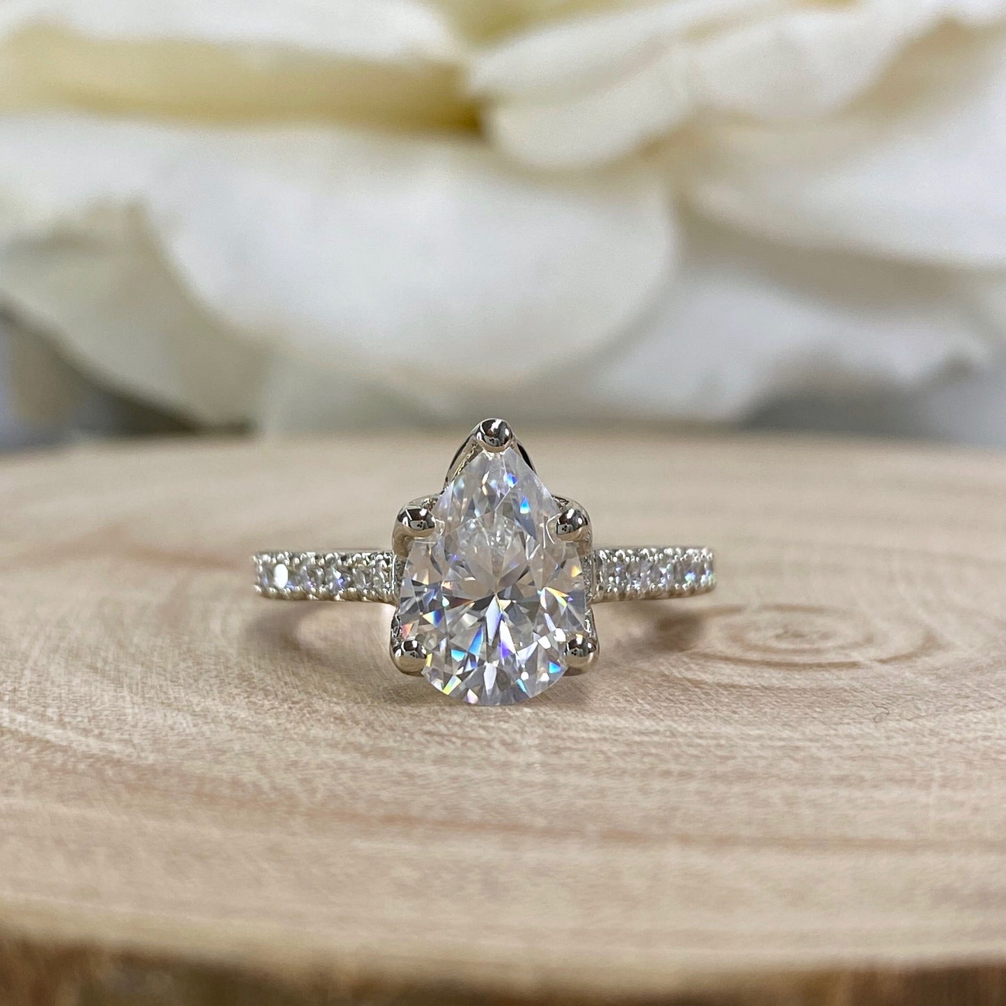 Moissanite Pear Shape Engagement Ring 14k White Gold, Pear Moissanite And Round Moissanite Wedding Ring, Ladies Tear Drop Shape Ring #6833